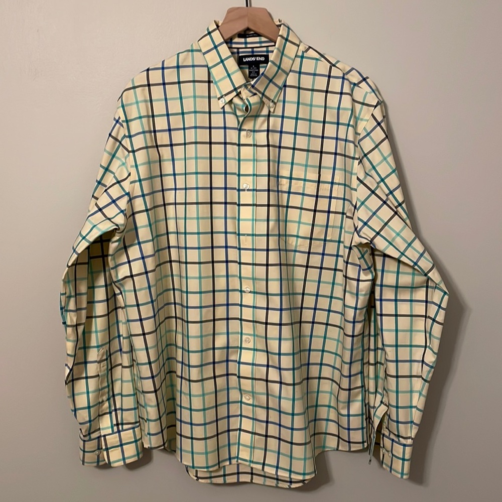 Men’s Lands’ End Large Button Down No Iron Twill Shirt L 16-16.5 Cotton Plaid